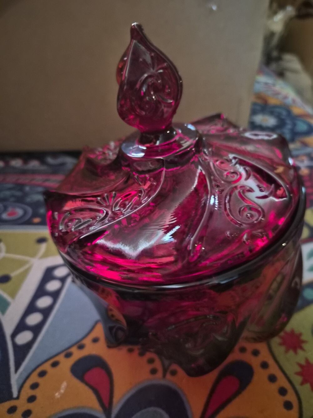 Vintage Fenton Art Glass Candy Dish In A Deep Ruby Red Amberina Color Yellow